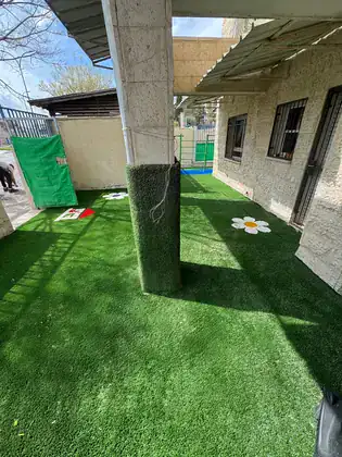 חצר גן ילדים עם דשא סינטטי ועמודים מחופים